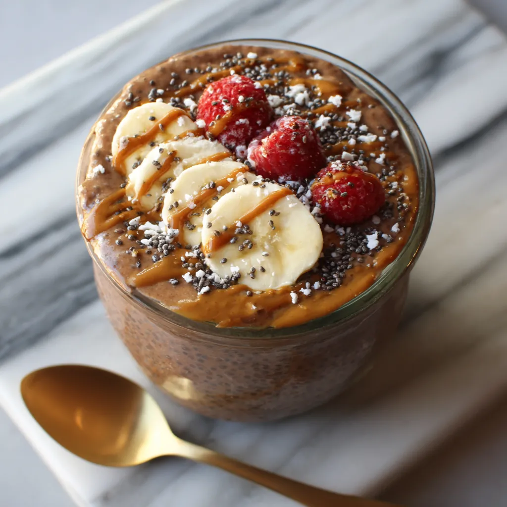 A glass of chocolate peanut butter chia.