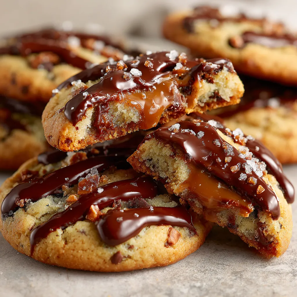 Chocolate drizzled cookies with caramel drizzle.