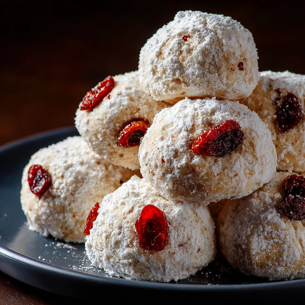 A stack of white cookies with red cherries on top.