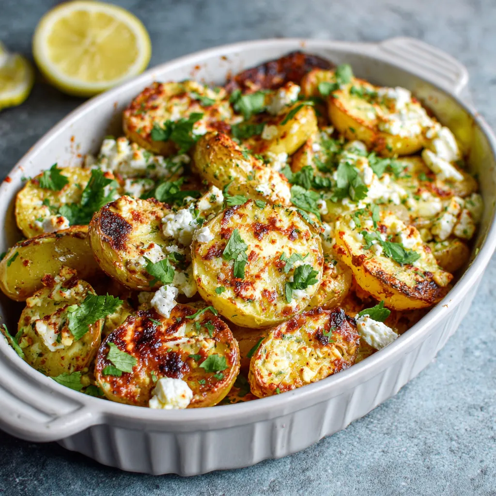 A bowl of baked feta potatoes.