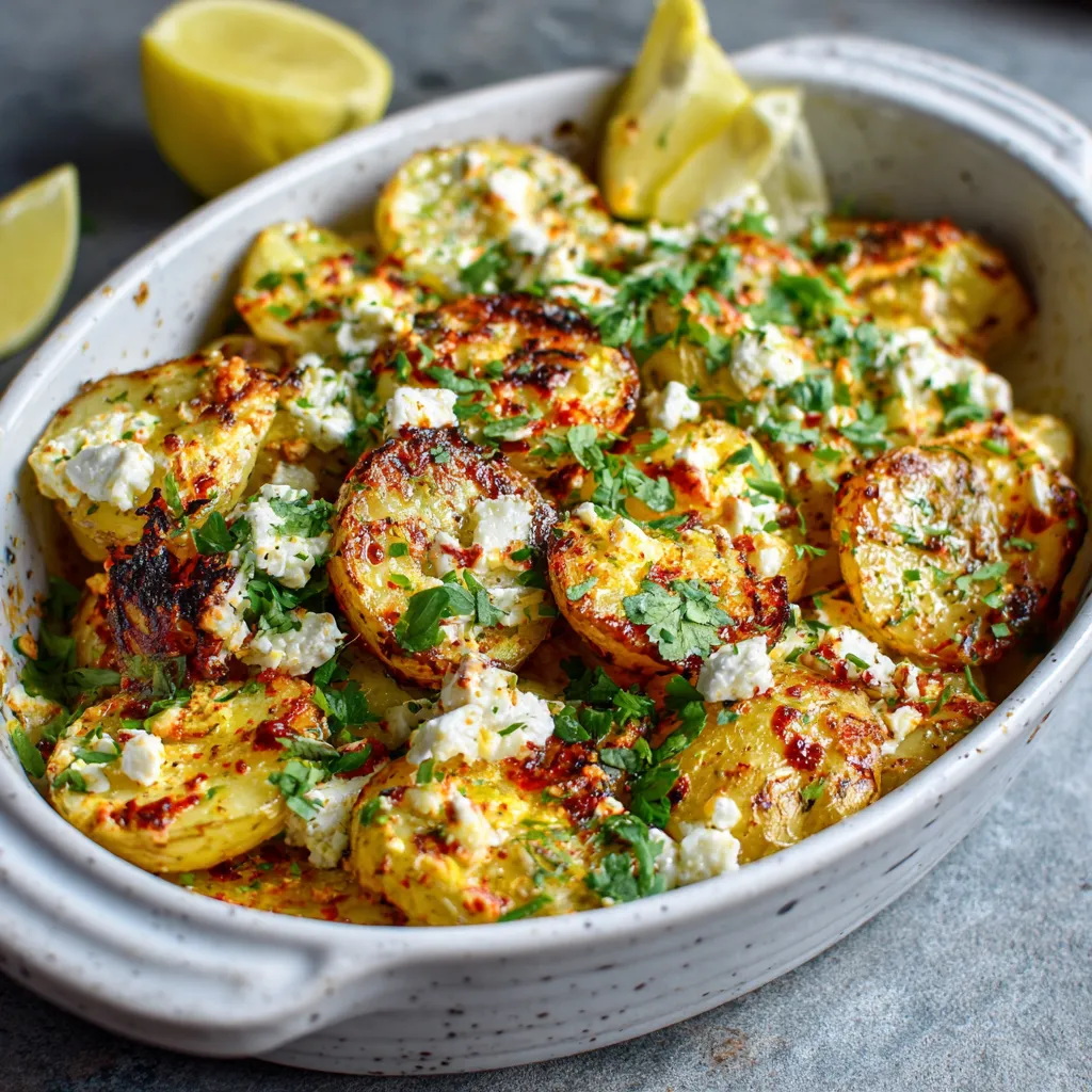 A bowl of baked feta potatoes.