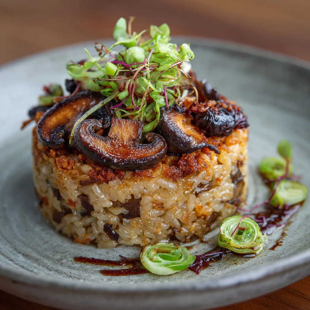A plate of food with mushrooms on top.