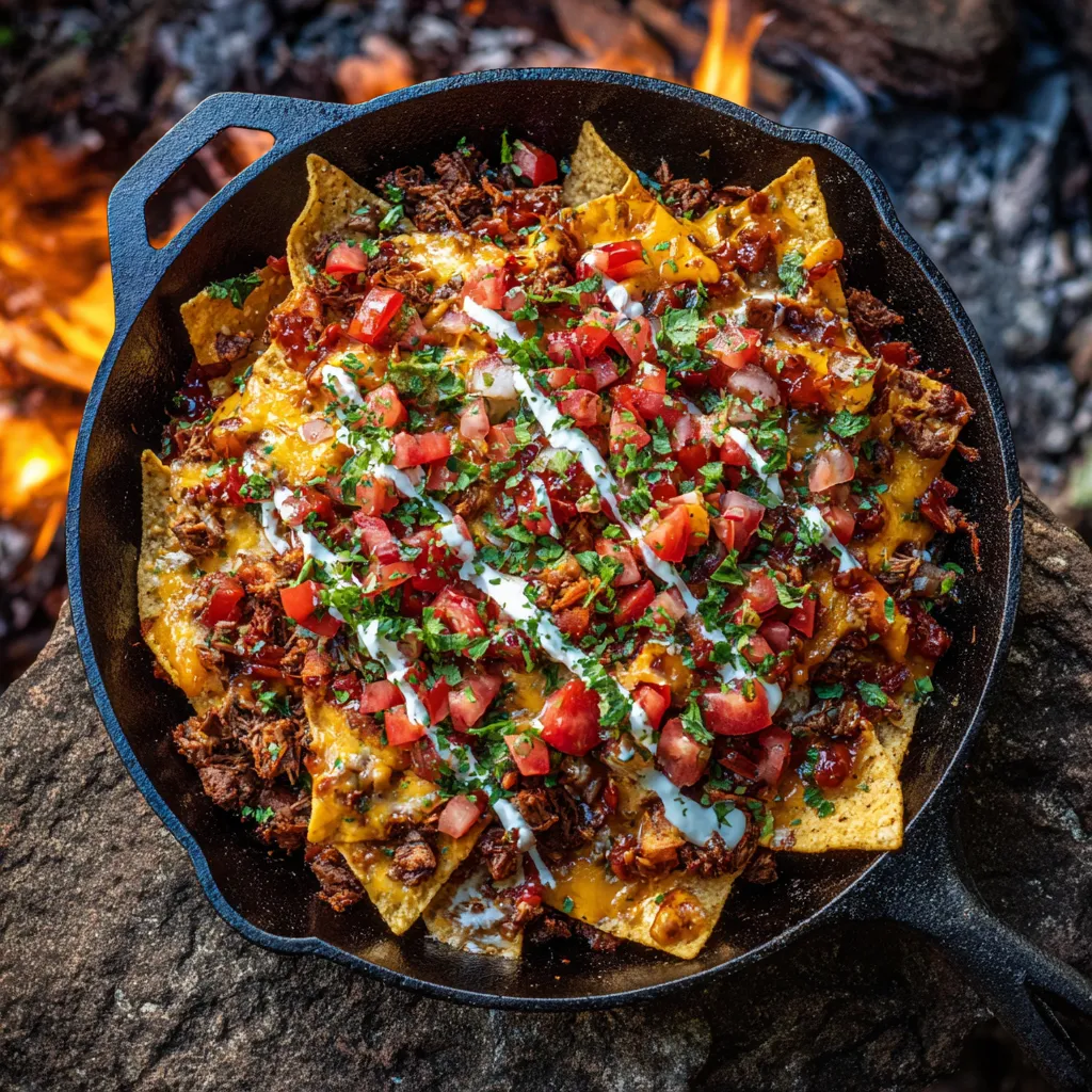 A pan of nachos on a rock.