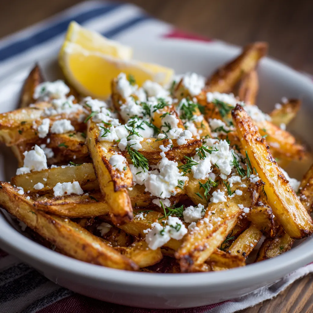 A bowl of homemade Greek fries with cheese and lemon.