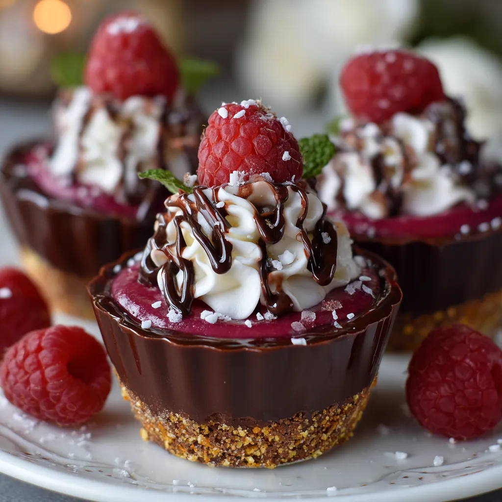 A plate of chocolate mousse cups with raspberries on top.