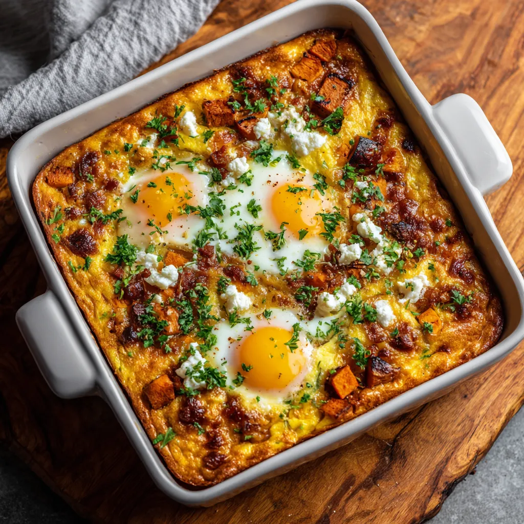 A dish with eggs and sweet potatoes.