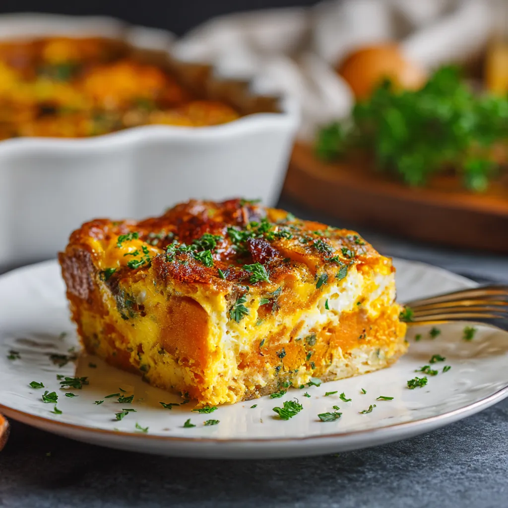 A slice of a sweet potato casserole.