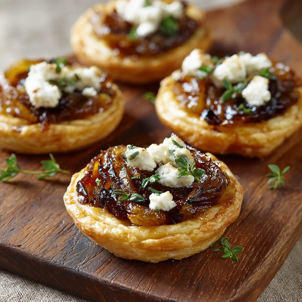Four tarts with goat cheese and caramelized onions.
