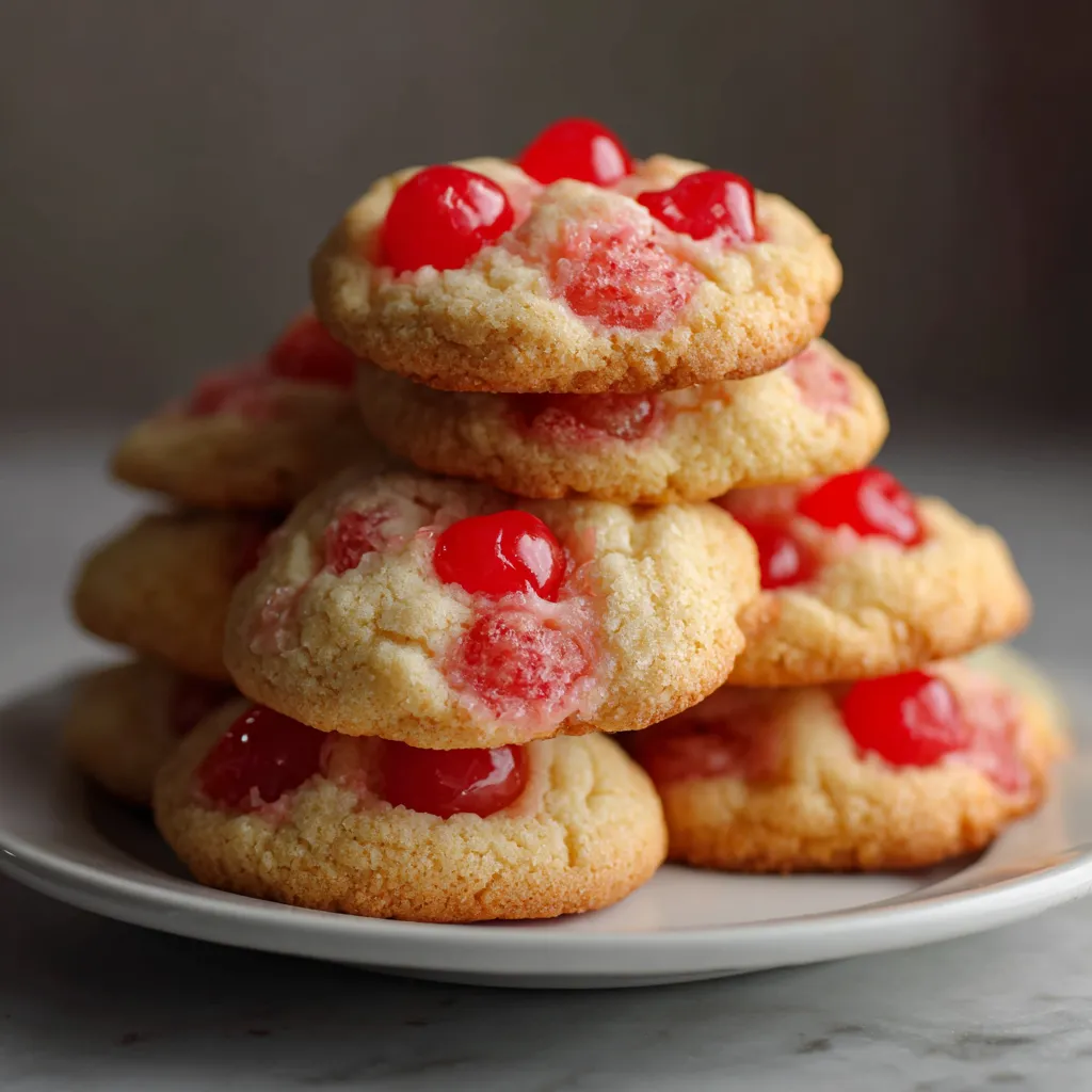 A stack of cookies with maraschino cherries on top.