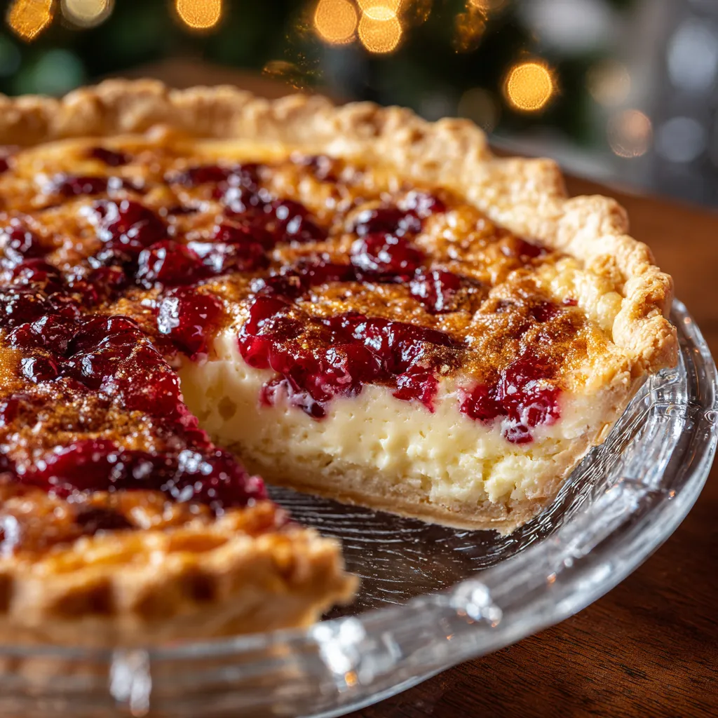 A slice of cranberry custard pie.