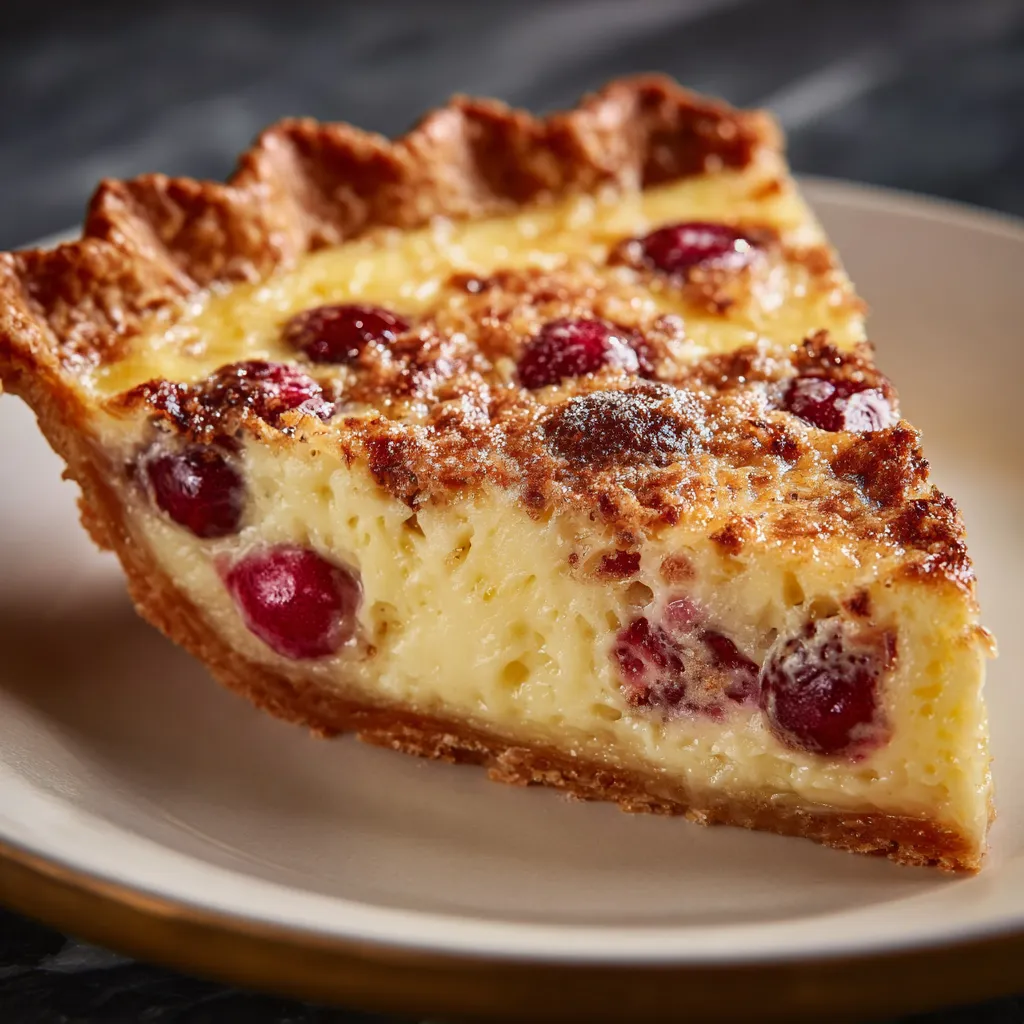 A slice of cranberry custard pie.