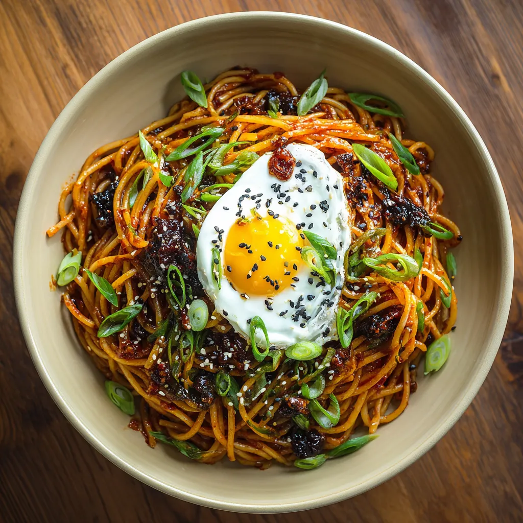 A bowl of pasta with a fried egg on top.