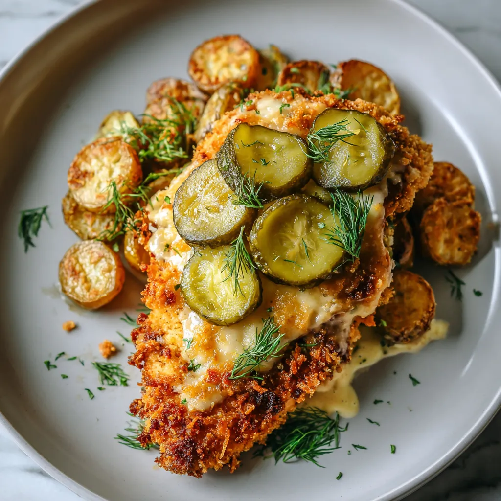 A plate of crispy dill pickle parmesan chicken.
