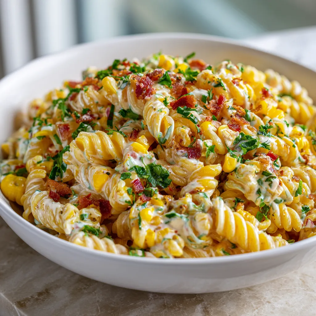 A bowl of creamy street corn pasta salad.