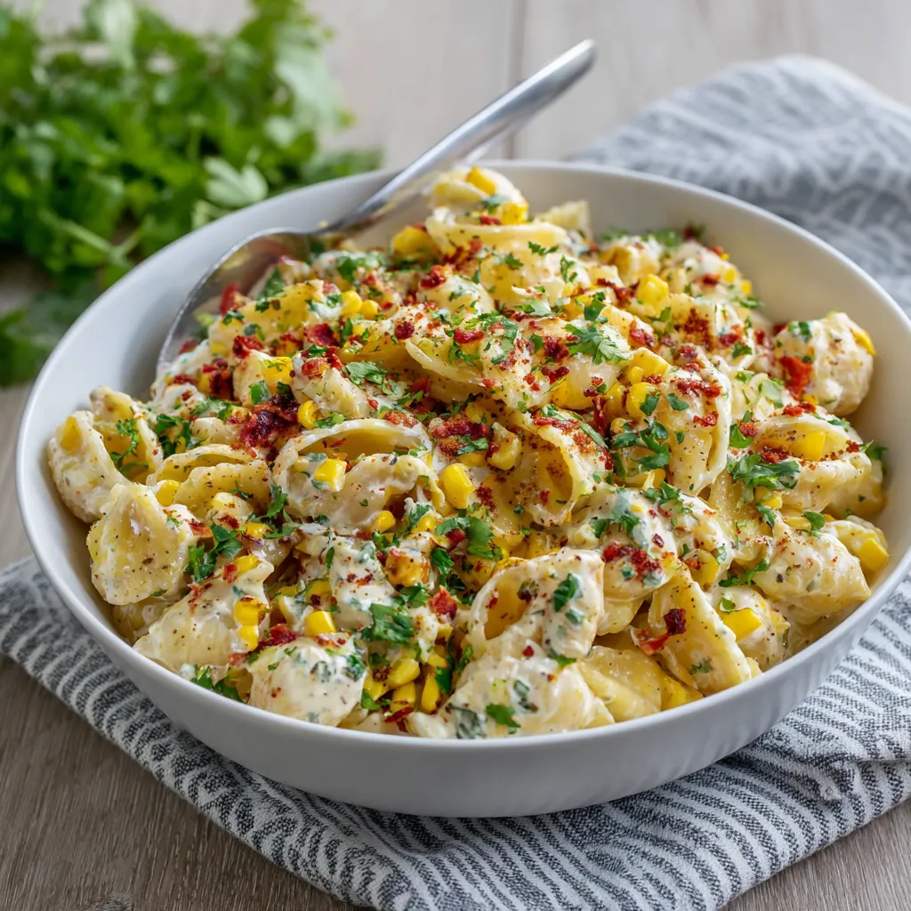 A bowl of creamy street corn pasta salad.