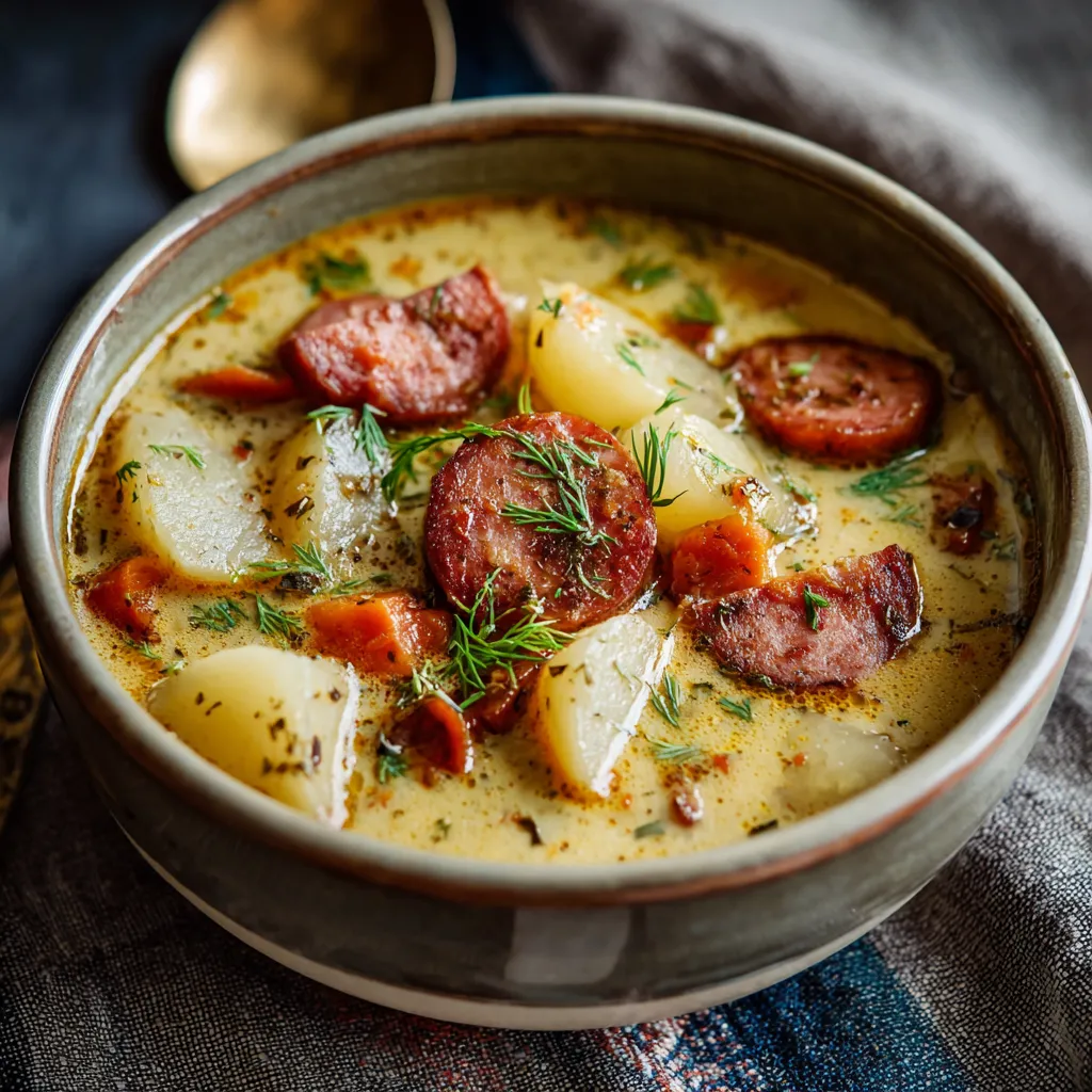 A bowl of soup with sausage and potatoes.