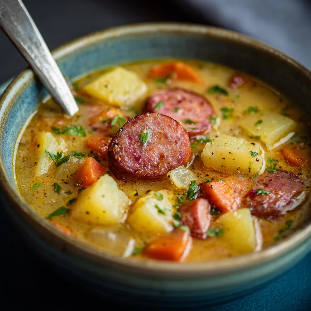 A bowl of soup with a sausage and potatoes.