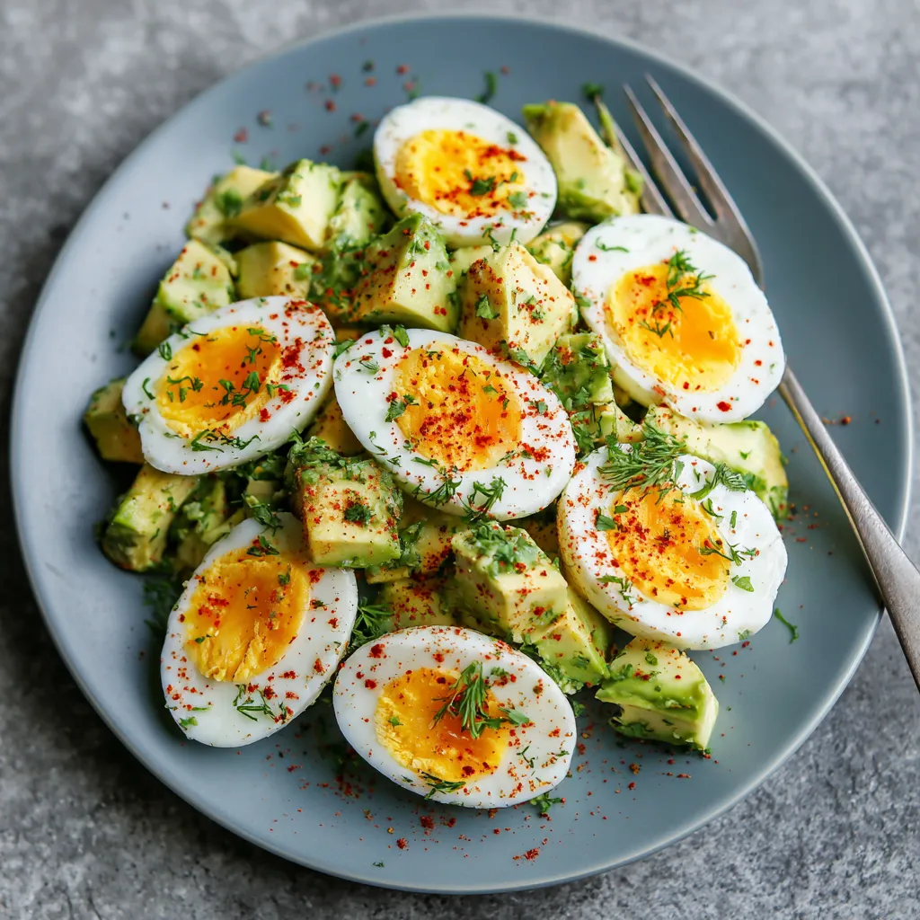 A plate of food with eggs, avocado, and red pepper.