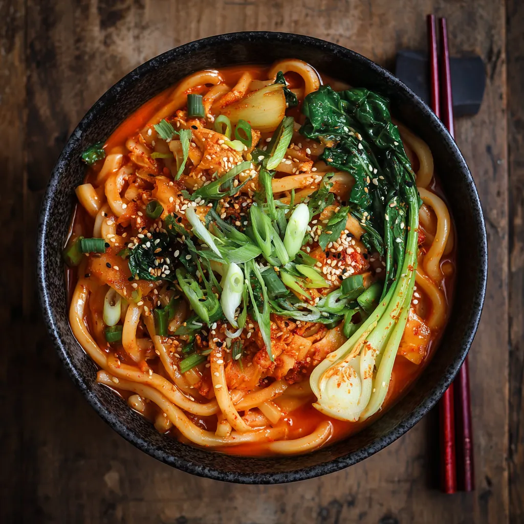 A bowl of creamy gochujang udon noodles.