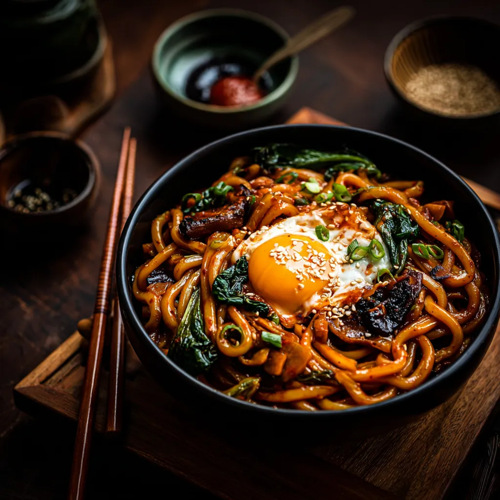 A bowl of creamy gochujang udon noodles.