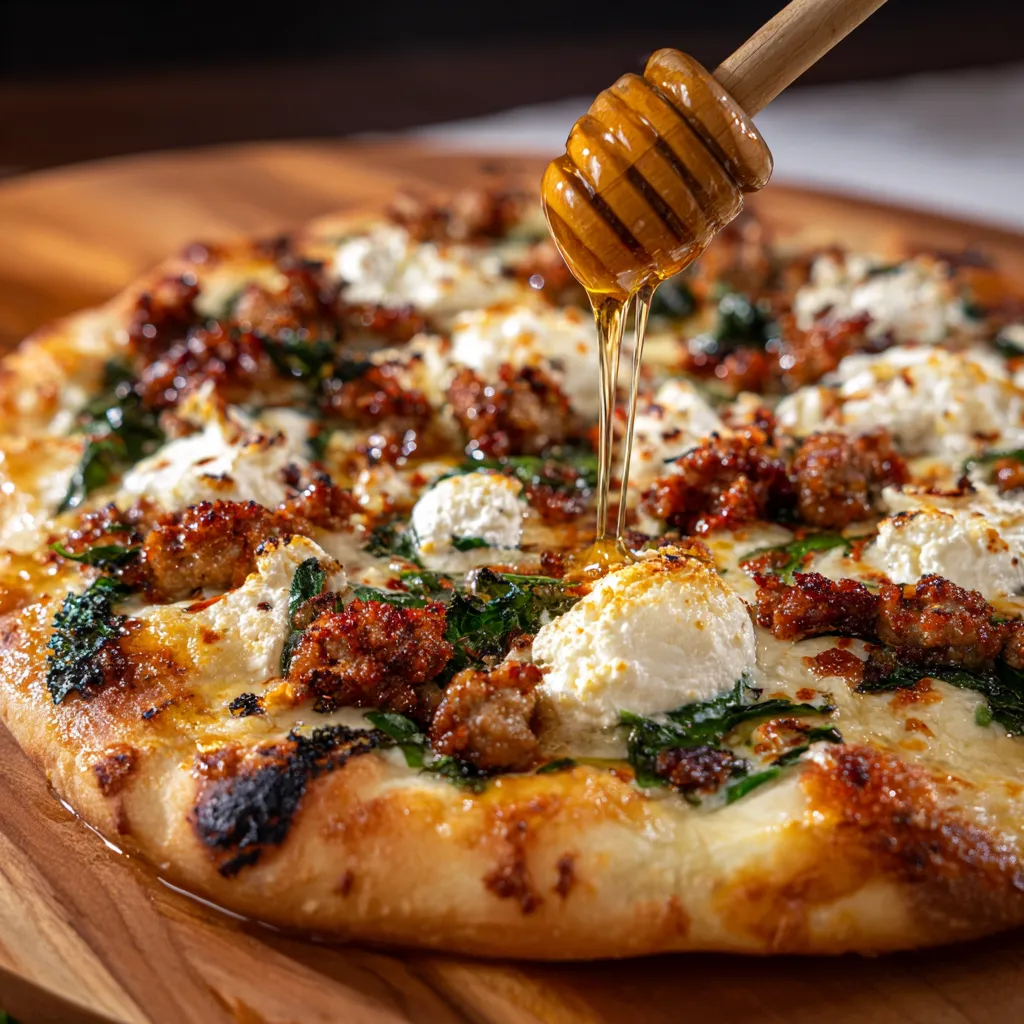 A pizza with sausage, ricotta, and honey on top.
