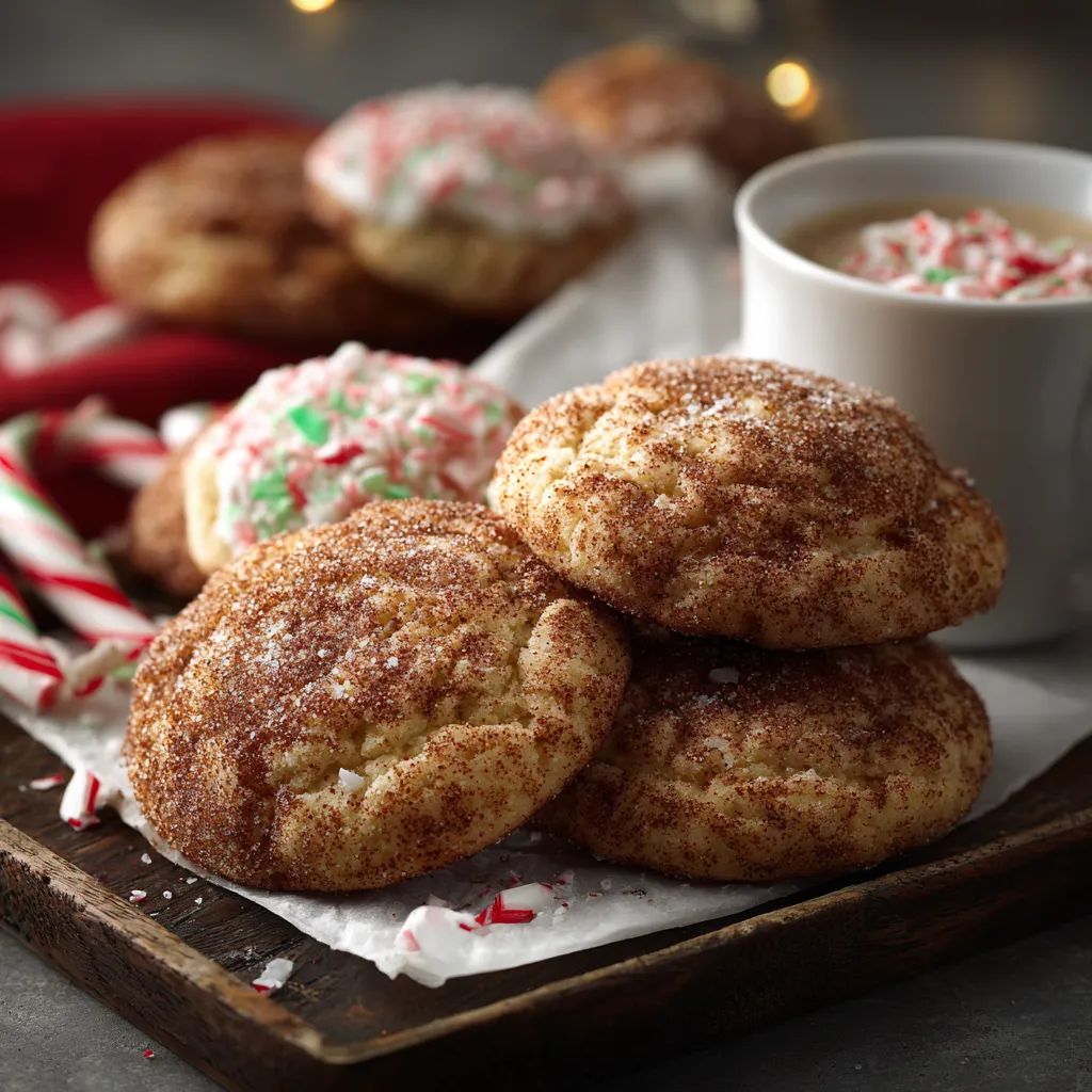 Peppermint Snickerdoodles on a wooden tray.