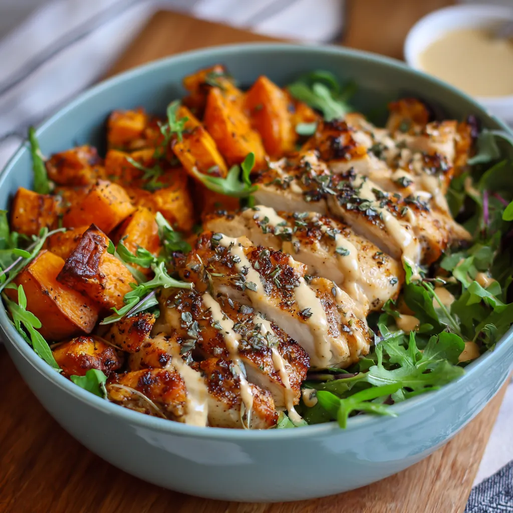 A bowl of food with chicken and sweet potatoes.