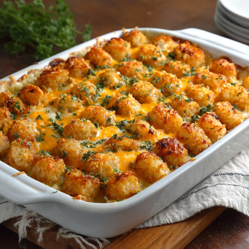 A dish of chicken and tater tots.