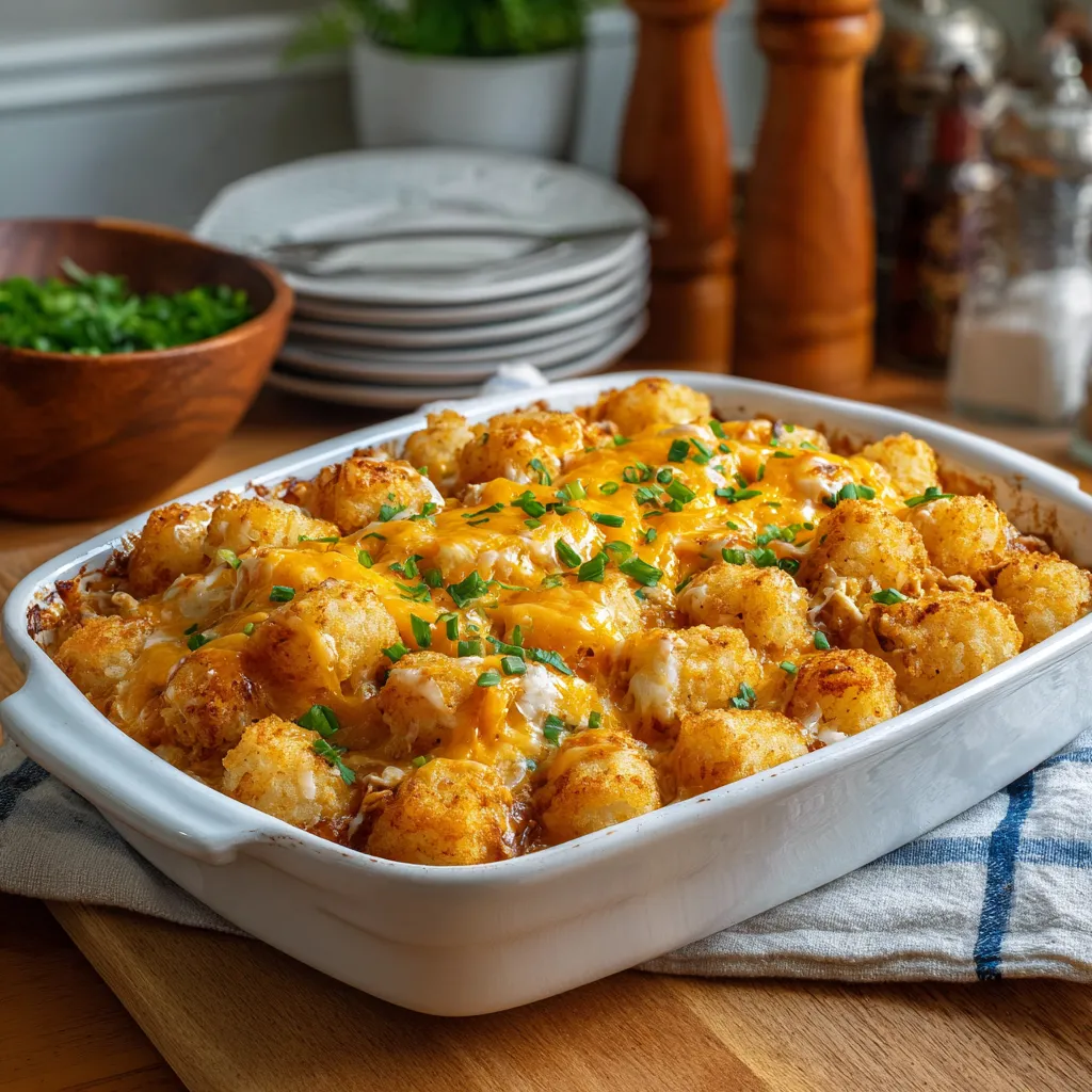 A dish of cheddar ranch chicken tater tots.
