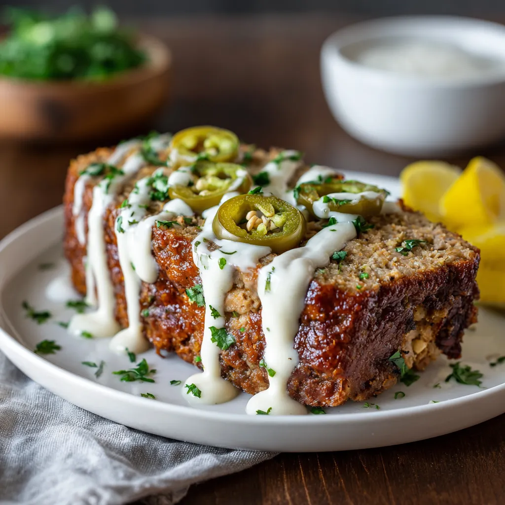 A delicious smoky jalapeño popper meatloaf with creamy ranch drizzle.