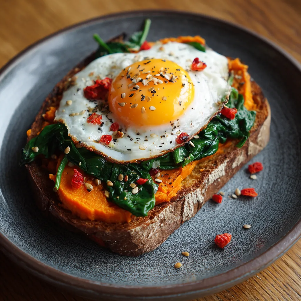 A breakfast sandwich with a sweet potato and an egg.