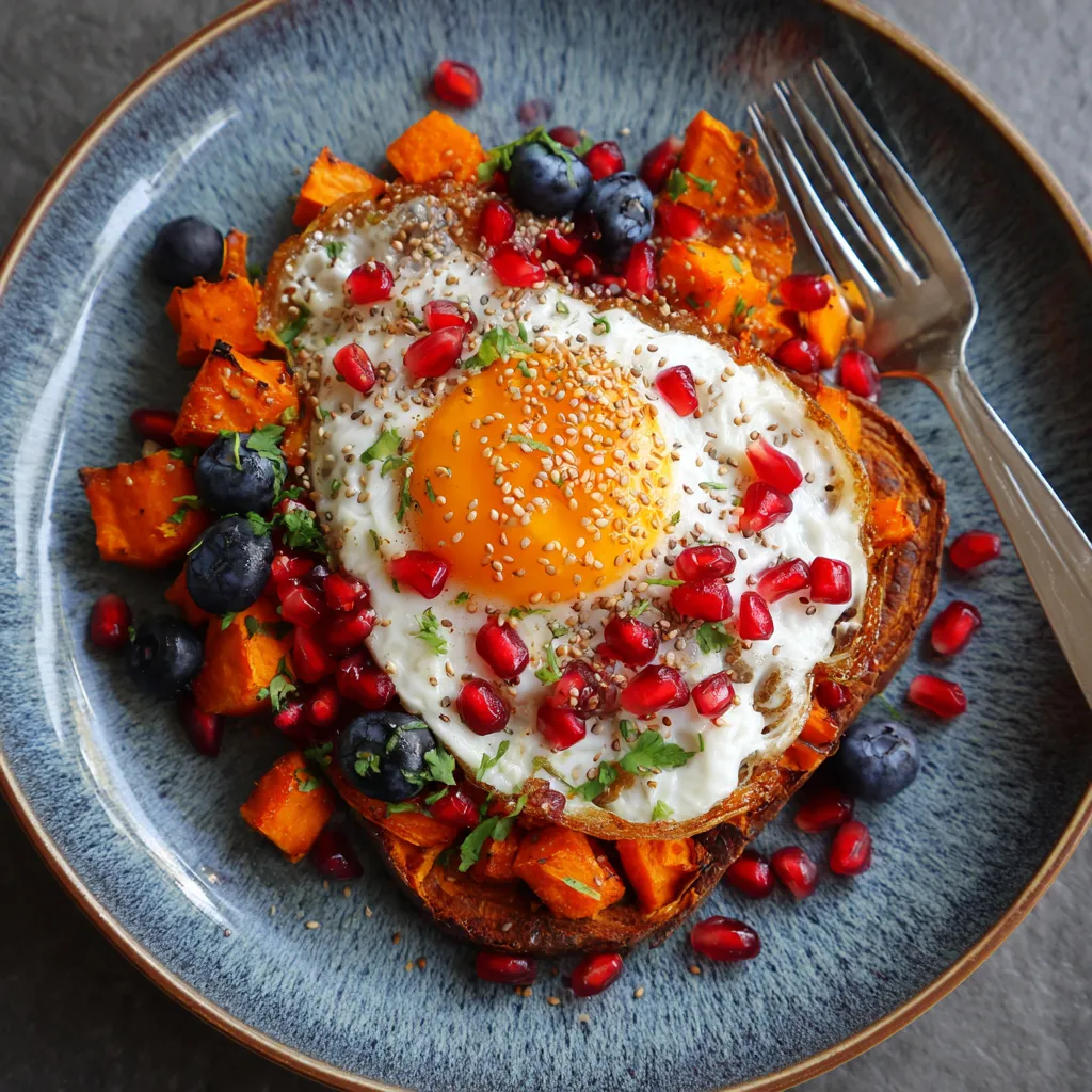 A breakfast plate with a fried egg, sweet potato, blueberries, and pomegranate seeds.