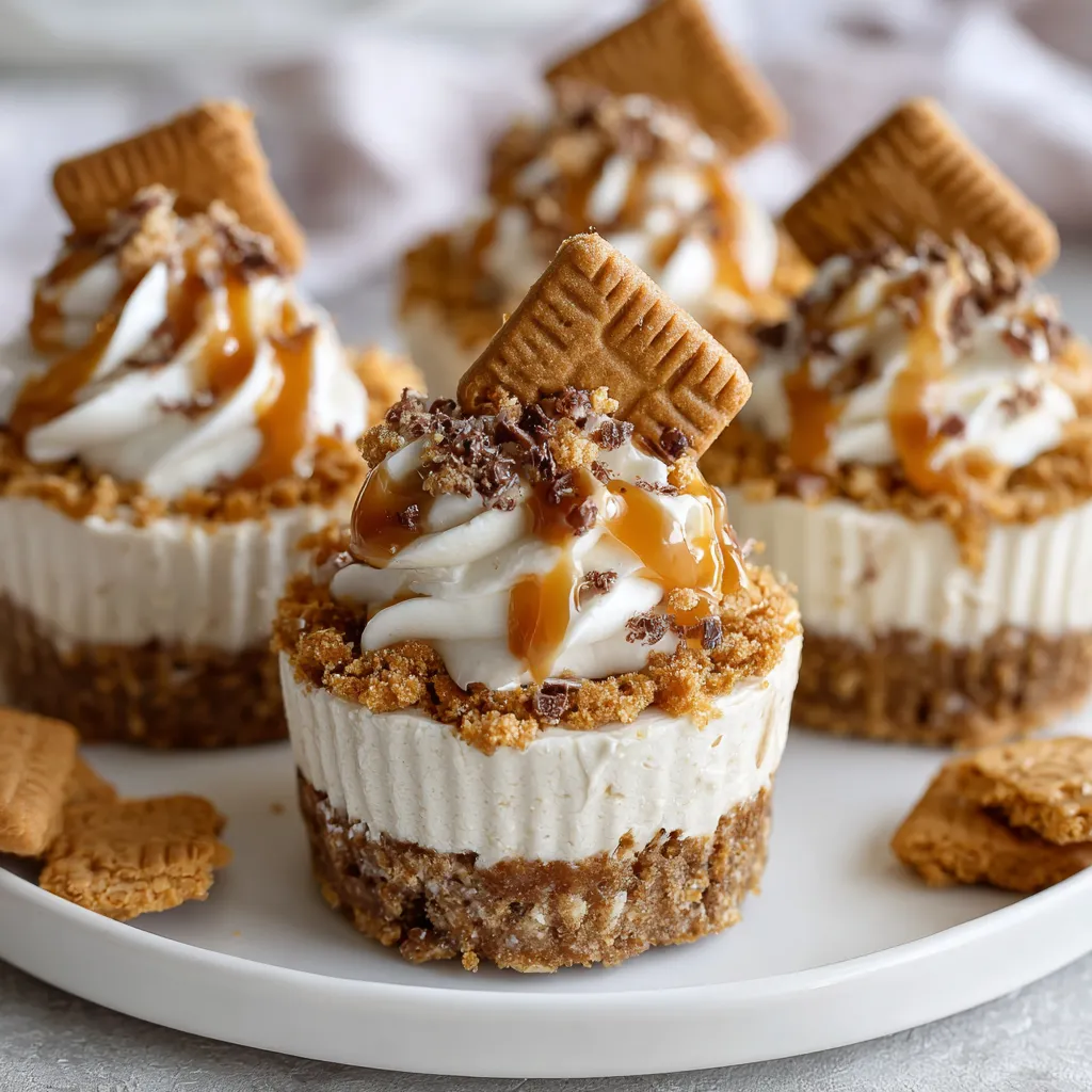 No-bake biscoff cheesecake cups with caramel drizzle.