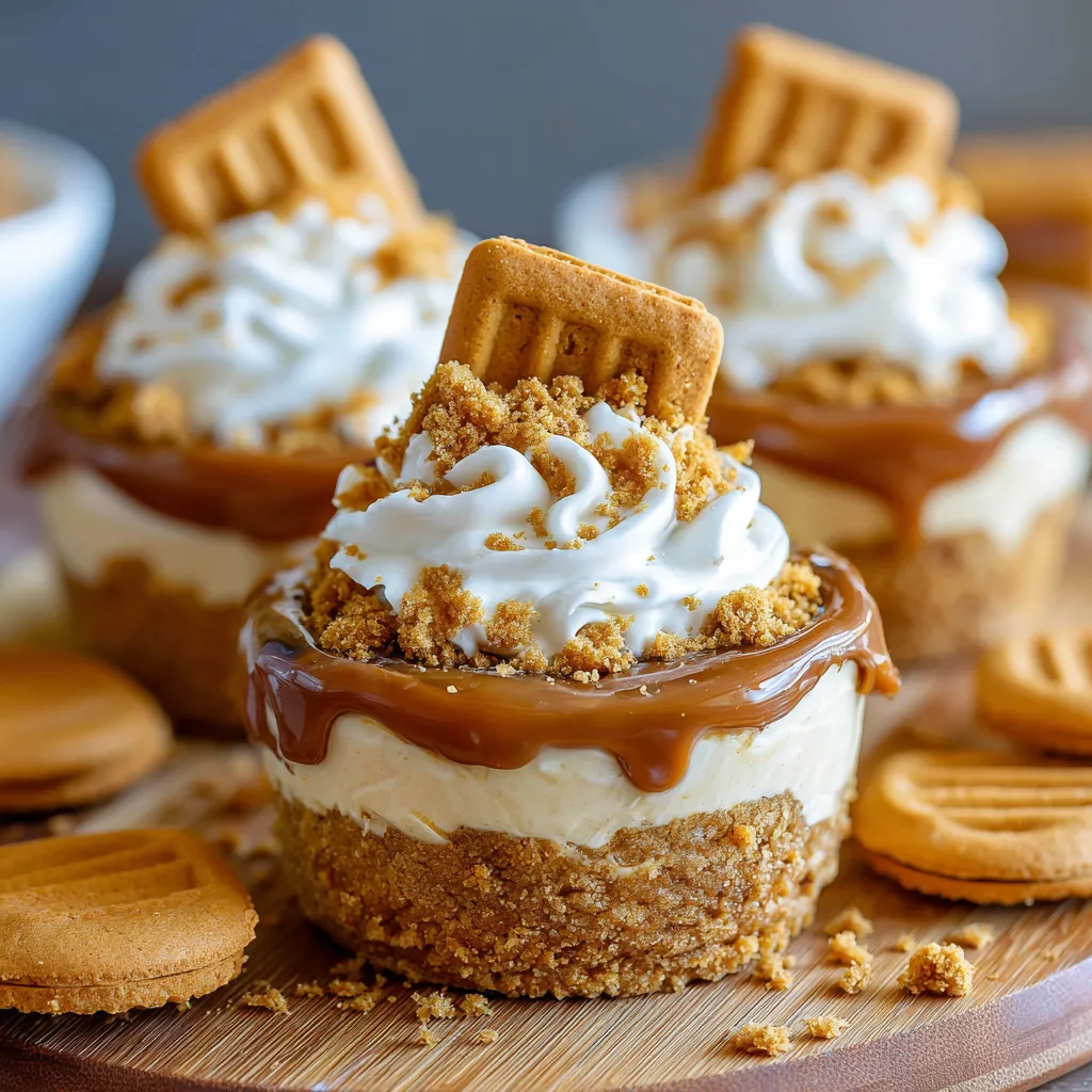 No-bake biscoff cheesecake cups with cookies on a table.
