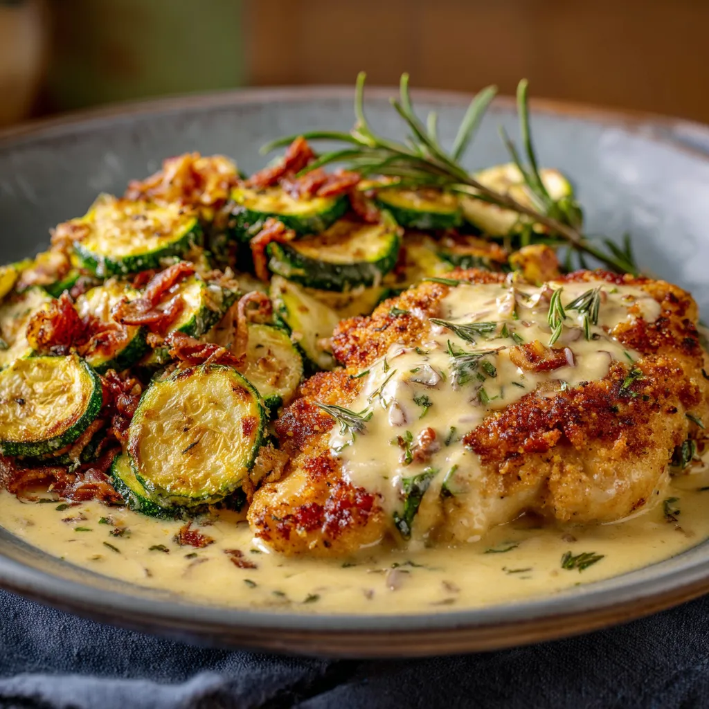 A plate of food with chicken and zucchini.