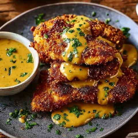 A plate of chicken with mustard and cheddar sauce.