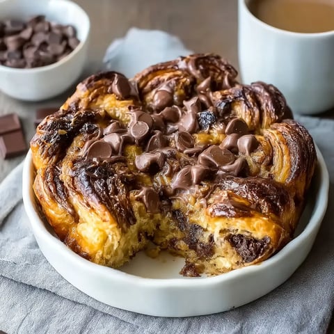 A croissant with chocolate chips on top.
