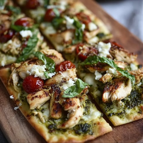 A pesto chicken flatbread with tomatoes and spinach.