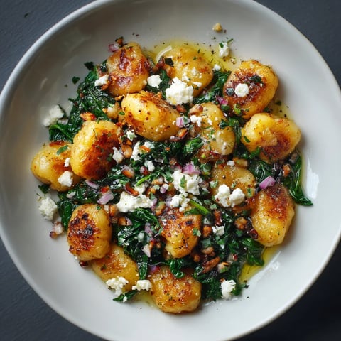 A bowl of crispy gnocchi with spinach and feta.
