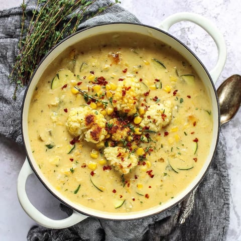 A bowl of zucchini corn chowder.