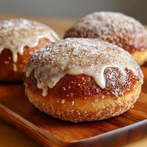 Three cinnamon donuts on a wooden board.