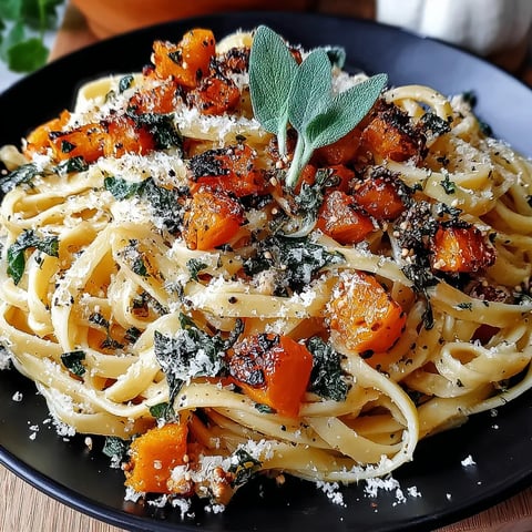 A plate of pasta with butternut squash and sage.
