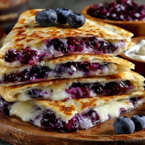 A stack of blueberry breakfast quesadillas.