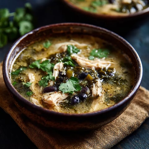 A bowl of soup with chicken, black beans, and green peppers.