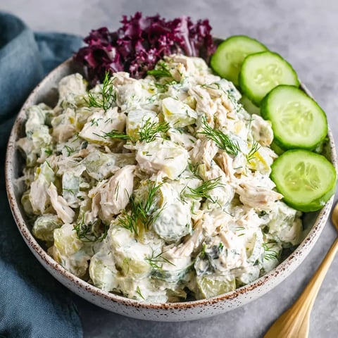 A bowl of dill pickle chicken salad.