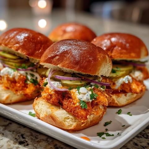 Four sliders with chicken and cheese on a plate.