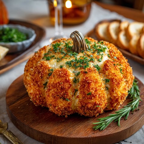 A pumpkin shaped cheese ball with a ring on top.