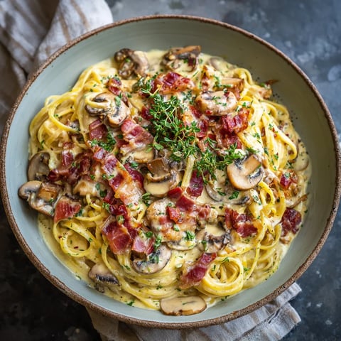 A bowl of creamy bacon and mushroom pasta.