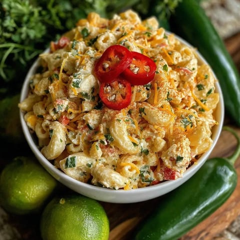 A bowl of Mexican macaroni salad with tomatoes, peppers, and cheese.