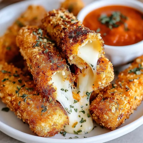 Crispy homemade mozzarella sticks with marinara dipping sauce.